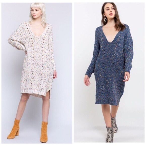 chenille V-Neck Sweater Dress In Indigo - Picture 6 of 10